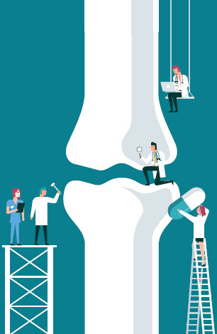 Cartoon image of a bone with providers repairing it